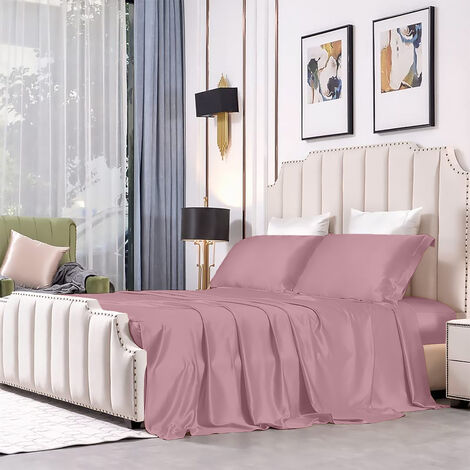 Completo Letto Set Lenzuola 100% Raso Di Cotone Set Lenzuolo Sopra Sotto Matrimoniale Federe Due Piazze Lucido Rosa (1/5)