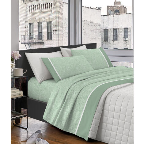 Completo Letto Lenzuola Matrimoniale Elegante,100% Cotone, Set Letto Due Piazze,Tinta Unita Lenzuolo sopra, sotto e Federe Con Bordo Applicato Soft Touch Misure Maxi Verde