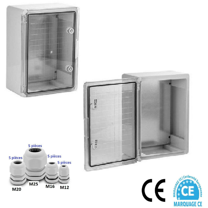 Coffret électrique étanche PORTE TRANSLUCIDE 400 x 300 x 170 mm IP65 avec plaque de fond et 20 Presses étoupe
