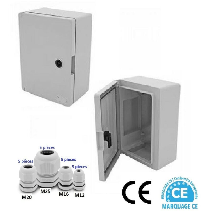 Coffret électrique étanche IP65 350 x 250 x 150mm livré avec plaque de fond et 20 Presses étoupe