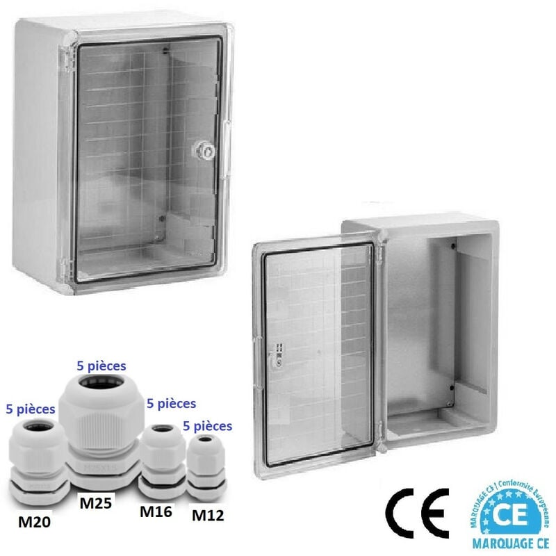 Coffret électrique étanche PORTE TRANSLUCIDE 350 x 250 x 150 mm IP65 avec plaque de fond et 20 Presses étoupe