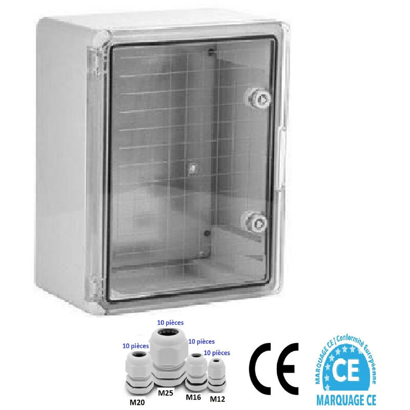 Coffret électrique étanche PORTE TRANSLUCIDE  600 x 400 x 200mm IP65 avec plaque de fond et 40 Presses étoupe