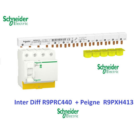 Interrupteur différentiel Resi9  4P 40A 30ma - AC + Peigne 3P+N -13 M Schneider R9PRC440 + R9PXH413