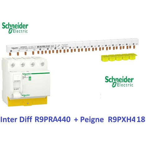 Interrupteur différentiel Resi9  4P 40A 30ma - A + Peigne 3P+N-18 M - Schneider R9PRA440 + R9PXH418
