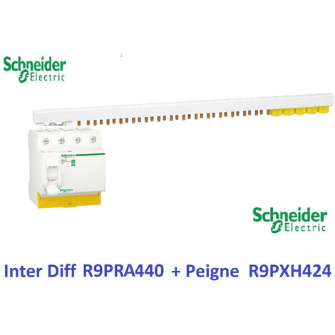 Interrupteur différentiel Resi9 4P 40A 30ma - A + Peigne 3P+N-24 M - Schneider R9PRA440 + R9PXH424