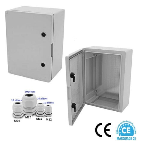 Coffret électrique étanche IP65 -  400 x 300 x 170mm livré avec plaque de fond et 20 Presses étoupe