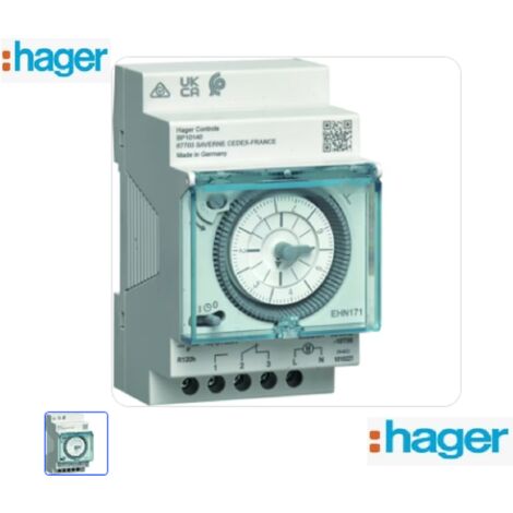 Hager – Interrupteur horaire électromécanique 1 voie 7 jours – Intensité 16A – Tension 230V – Programmation hebdomadaire avec réserve - EHN171 (1/2)