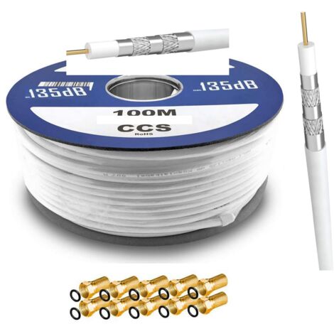 100 m Câble Coaxial TV - SAT blanc, 5 fois blindé + 10 fiches F dorées (135db )