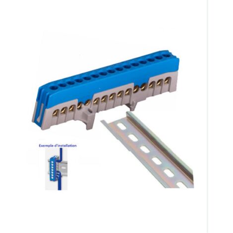 Bornier barrette bleu isolée 63A – 15 trous 15x16 mm² – Raccordement fil cuivre – Montage sur rail din