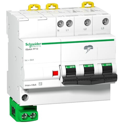 Schneider Electric – Parafoudre 3P+N 10kA 230/400V – A9L16618 – Protection contre surtensions – Installation rapide sur rail DIN – Câble de terre inclus
