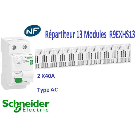 Schneider Electric – Interrupteur différentiel 63A 30mA type AC – Répartiteur embrochable 13 modules – Tension 230V – R9ERC263R9EXHS13SE - XE 63 A