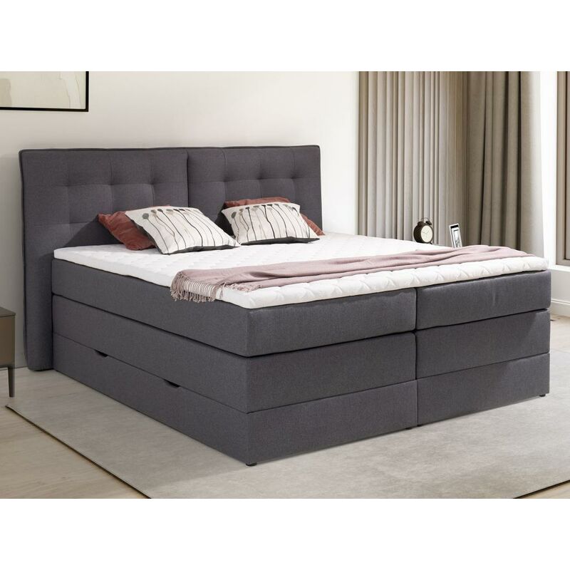 Ensemble complet boxspring tête de lit capitonnée + sommiers coffre +  matelas + surmatelas - 160 x 200 cm - Tissu - Gris clair - VERONE de  DREAMEA