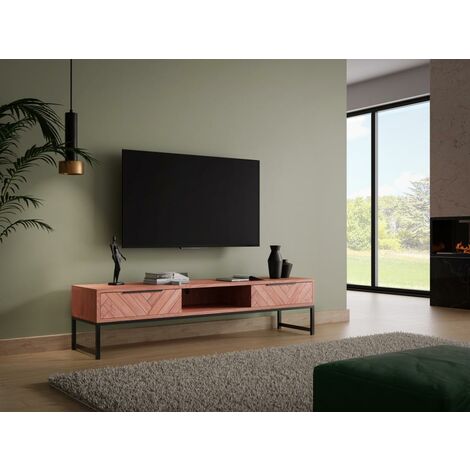 Meuble tv 120cm bois acacia massif 2 tiroirs style contemporain