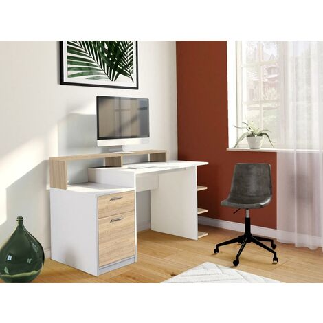 Bureau avec rangements 3 tiroirs design bois clair chêne et blanc