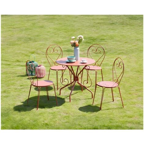 Salle à manger de jardin en métal façon fer forgé : une table et 4 chaises  empilables - Terracotta - GUERMANTES de MYLIA