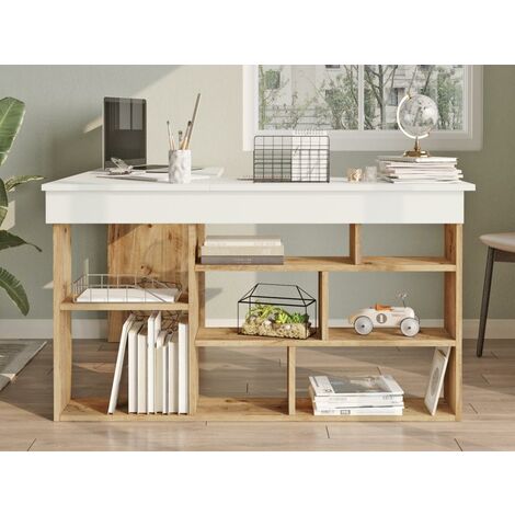 Bureau D'angle Avec Rangements - Coloris : Blanc Et Naturel - LILEUL