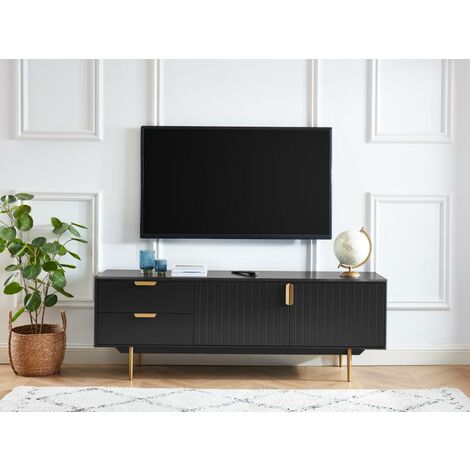 Meuble TV - 2 portes et 2 tiroirs - MDF et métal - Noir et doré - LIKANA