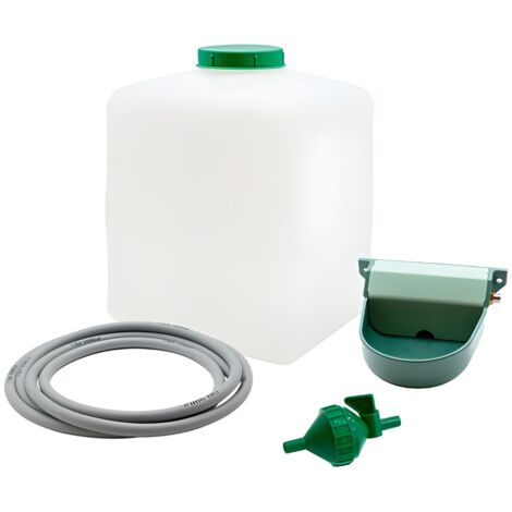 Kit bebedero grande automático para animales, perros, gallinas, faisanes -Incluye depósito fabricado en plástico + tubo + bebedero automático de plástico + llave y filtro - 20 L con regulador