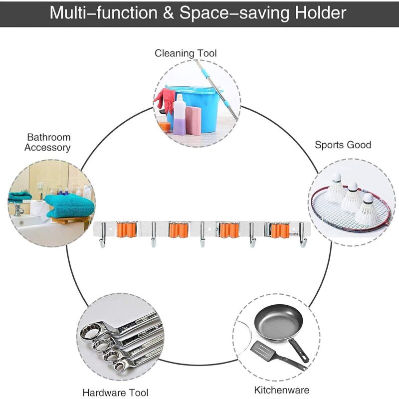 Soporte para escobas de 5 ranuras y soporte autoadhesivo para 1 trapeador,  no taladro, montaje en pared, organizador para cocina, cochera, lavandería