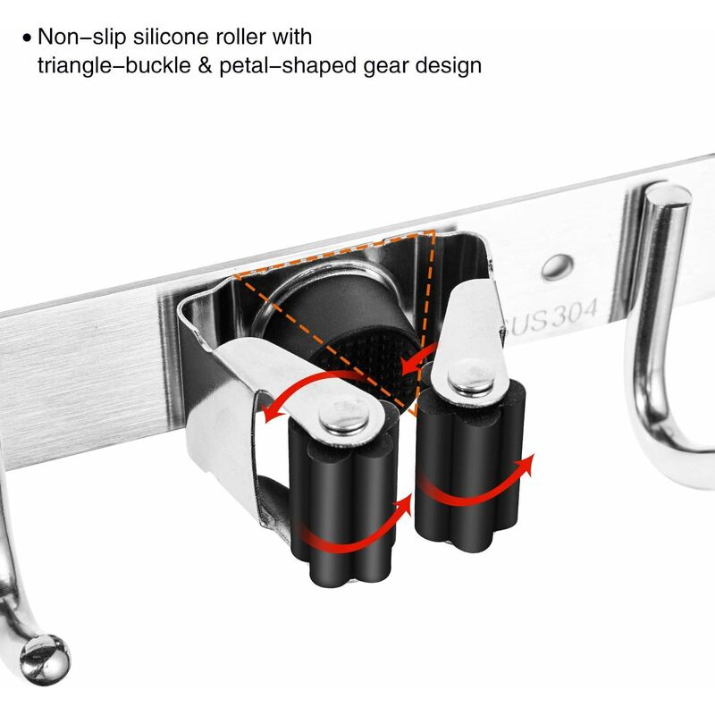 Colgador de Escobas y Fregonas, 3 Posiciones y 4 Ganchos, Acero Inoxidable  Organizador Soporte de Escobas y Fregonas para colgar escobas en la