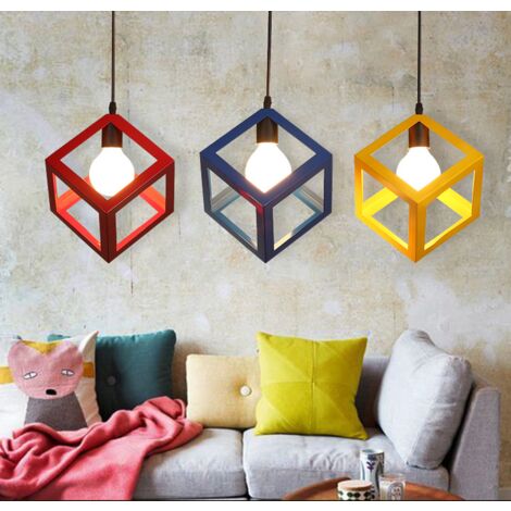 Lámpara De Techo Vintage Retro Con Forma De Cubo De Lámparas De Colgar Colorida Moderna Rojo