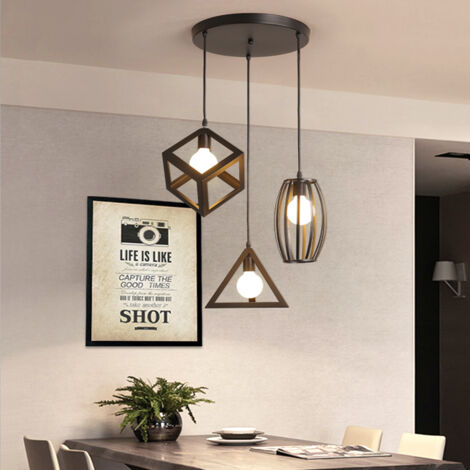 Lámparas De Colgar De Altura Ajustable 3 Cabezas Lámpara De Techo Retro Antigua Forma Geométrica Creativa Lámparas De Colgar Industrial Negro