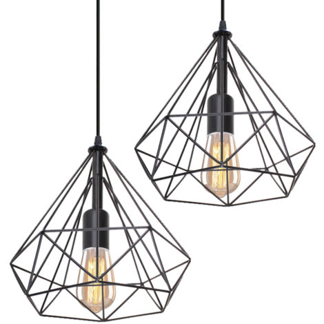 2X Lámparas De Colgar 25CM Diamantes Lámparas De Colgar Retro Lámparas De Colgar De Metal Industrial Lámpara De Techo Antigua Vintage Negro (1/5)