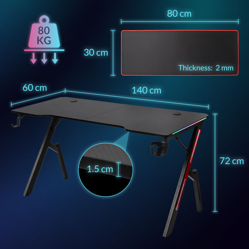 KESSER® Gaming Tisch LED 160cm X 60cm | Z-Form Gamer Schreibtisch