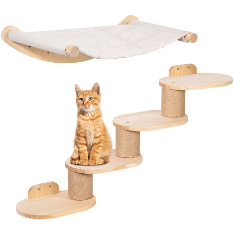 Kletterwand Katzen Wandmontage inkl. Katzentreppe & Katzenhängematte, Vierstufige Katzenkletterwand mit Jute-Kratzen für Katzen & Rutschfester Matte, 2 in 1 katzenleiter Katzenmöbel
