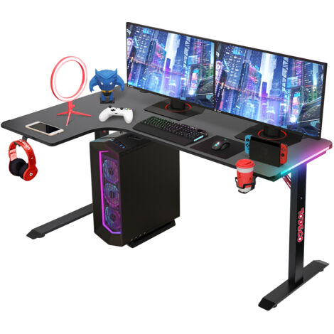 L-förmiger Gaming-Computertisch mit LED-Leuchten, Eckschreibtisch 140 x 100cm Gaming Schreibtisch, PC Tisch Gaming mit Kohlefaseroberfläche, mit Kopfhörerhaken Getränkehalter