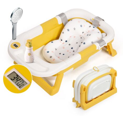 Leogreen Baby Badewanne mit Badematte, Babywanne Faltbare Babybadewanne mit Tragbarem Digitalem Reisethermometer und Tabletts, Unverzichtbar für Kleinkinder 0-36 Monate Neugeborene