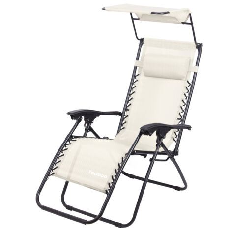 Todeco Liegestuhl klappbar mit Sonnenschutz, Sonnenstuhl mit abziehbare Kissen, Max Belastbarkeit 100kg, Strandliegestuhl leicht, Beige (1/5)