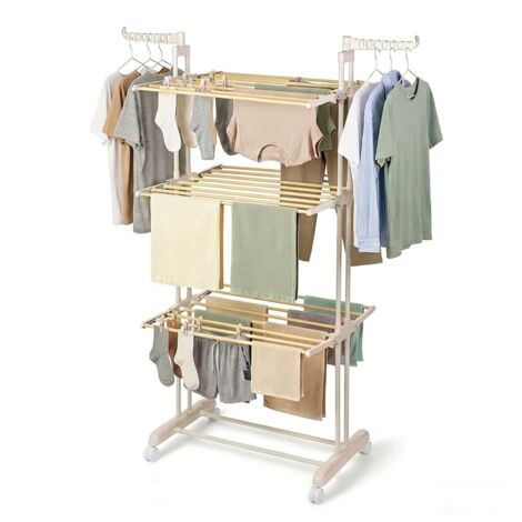 Todeco Wäscheständer Turm Klappbar 3 Ebenen, Metallrohre in Holzmaserung mit schwenkbaren Flügeln, Rahmen in elegante Latte‑Elfenbein, Harmony Collection