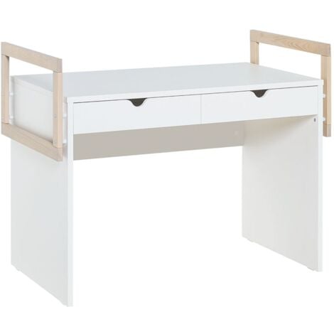 Mueble escritorio con bordes madera blanqueada / 2 cajones con ruedas
