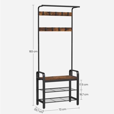 Perchero con 9 ganchos y zapatero L72 cm - Marrón rustico y negro