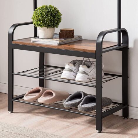 Perchero con 9 ganchos y zapatero L72 cm - Marrón rustico y negro