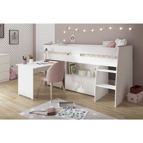 Cama alta con escritorio y compartimentos 90 x 200 cm roble y blanco con  colchón NOAH