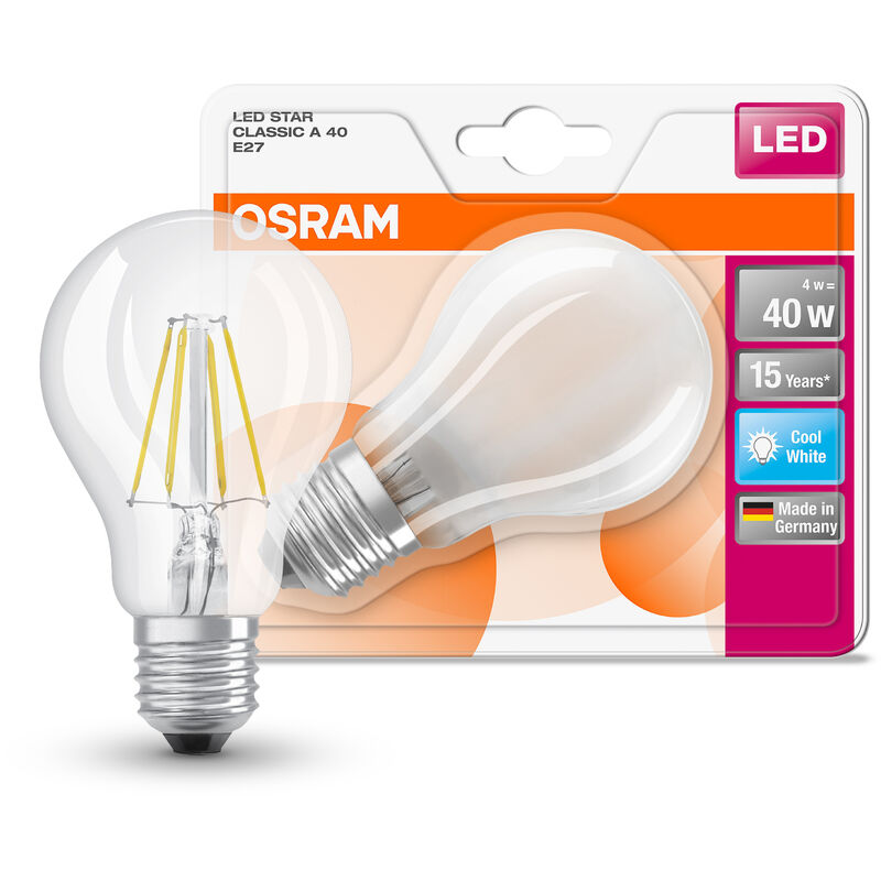 OSRAM Filament LED Lampe mit E27 Sockel, klassiche Birnenform, Kaltweiss  (4000K), 4W, Ersatz für 40W-Glühbirne, klar, LED Filament CLASSIC A