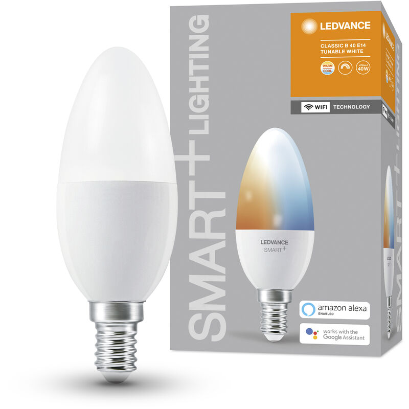 LEDVANCE Smarte LED-Lampe mit WiFi Technologie, Sockel E14, Dimmbar,  Lichtfarbe änderbar (2700-6500K), ersetzt Glühlampen mit 40 W, SMART+ WiFi  Candle Tunable White, 1er-Pack