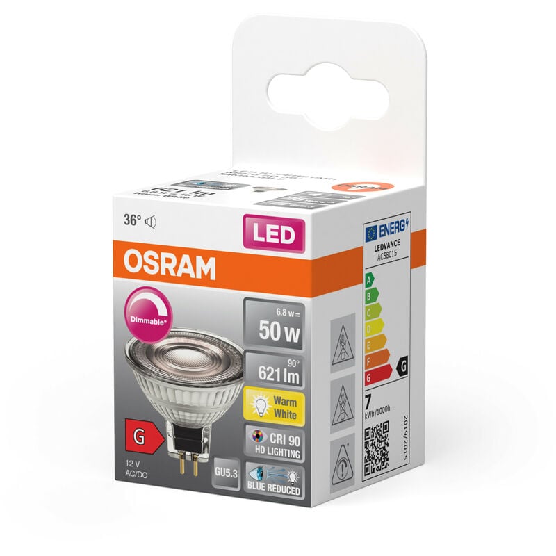OSRAM Superstar dimmbare LED-Lampe mit besonders hoher Farbwiedergabe  (CRI90) für GU5.3-Sockel, klares Glas ,Warmweiß (2700K), 621 Lumen, Ersatz  für herkömmliche 50W-Leuchtmittel, dimmbar, 1-er Pack