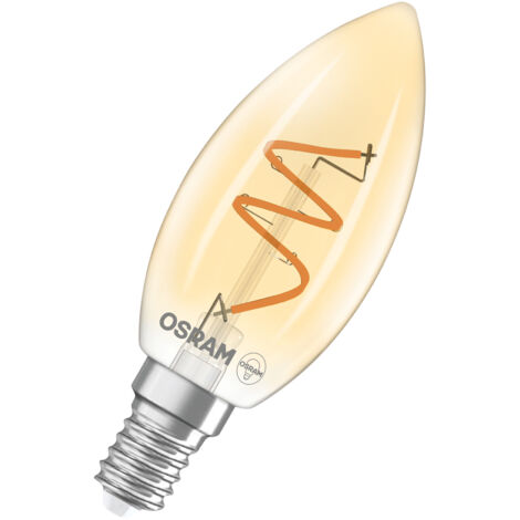 OSRAM Vintage 1906 Classic ist eine warmweiße, dimmbare LED-Lampe in Minikerzenform mit spiralförmigem Filament. Sie bietet 3.5 W, 300 lm, E14 Fassung, goldfarbenes Glas, 35 mm Durchmesser, 2200 K.