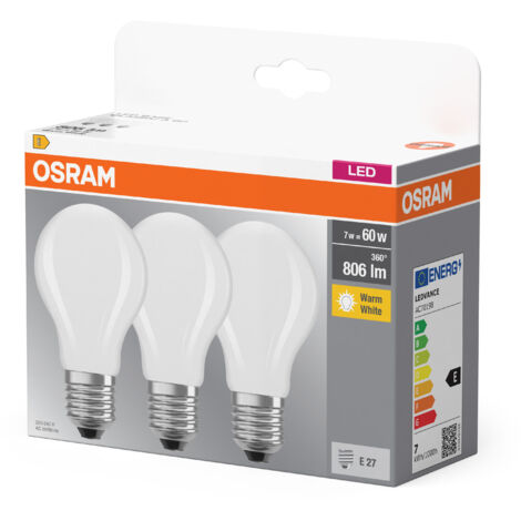 OSRAM LED Base Classic A, in Kolbenform mit E27-Sockel, Nicht Dimmbar, Ersetzt 60 Watt, Matt, Warmweiß - 2700 Kelvin, 3er-Pack