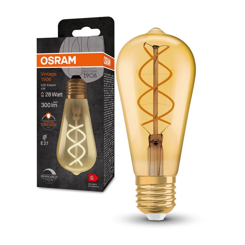 OSRAM Dimmbare LED-Lampen, Vintage-Edition, 28 Watts Ersatz, E27,  ST64-shape, 2000 Kelvin, Comfort warm white, Klares Glas, single Pack