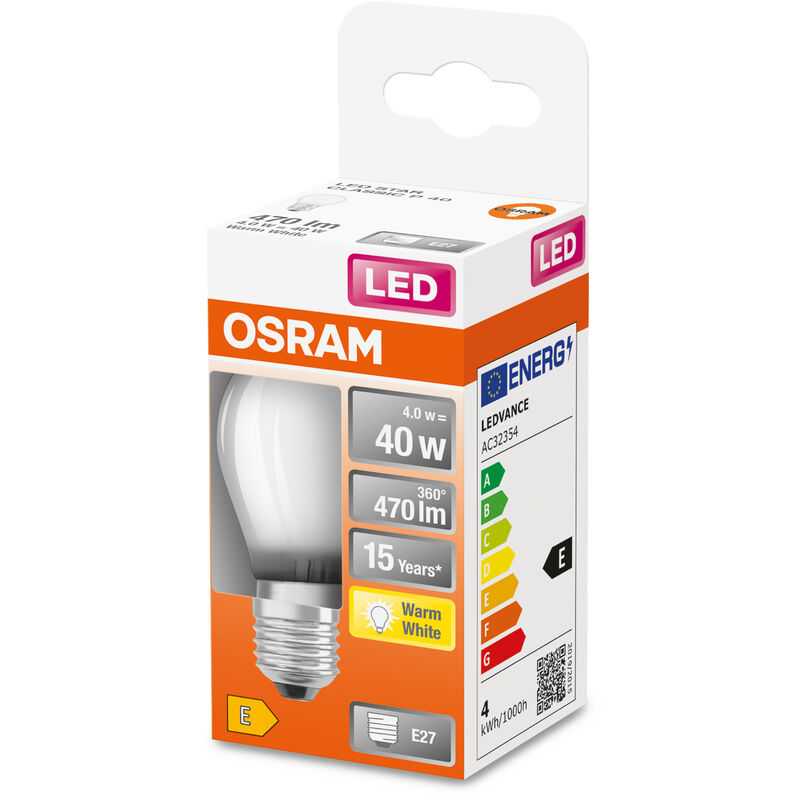 OSRAM Lampada LED - E27 - bianco caldo - 2700 K - 4 W - Sostituisce lampade  ad incandescenza 40W - opaca - LED Retrofit CLASSIC P