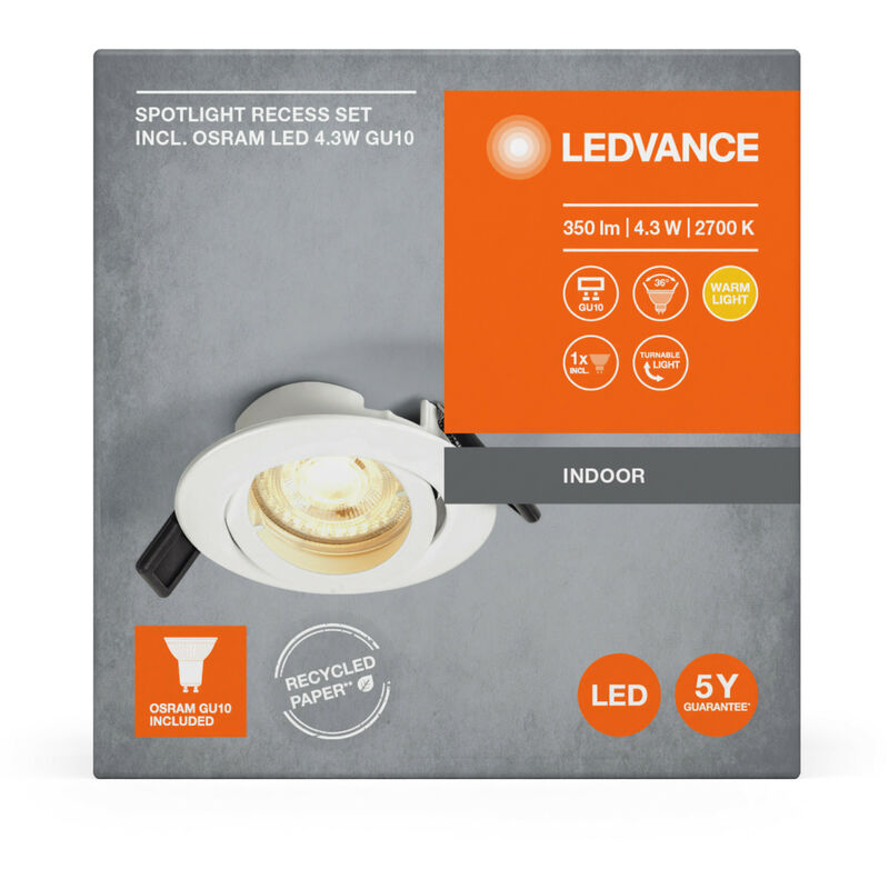 LEDVANCE Illuminazione daccento: per soffitto, RECESS DOWNLIGHT TWISTLOCK  GU10 / 4,30 W, 220…240 V, ampiezza fascio luminoso: 36, Warm White, 2700 K,  materiale del corpo: aluminum, IP20