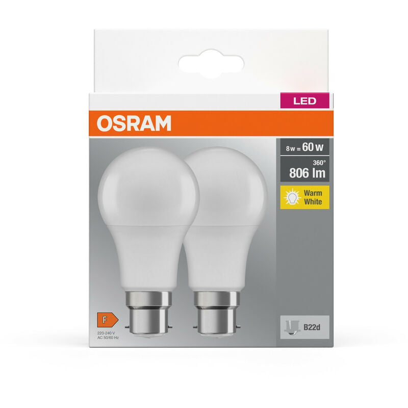 OSRAM Lampada LED Attacco: B22d Warm White 2700 K 8,50 W sostituzione per  60 W Incandescent bulb opaco LED BASE CLASSIC A