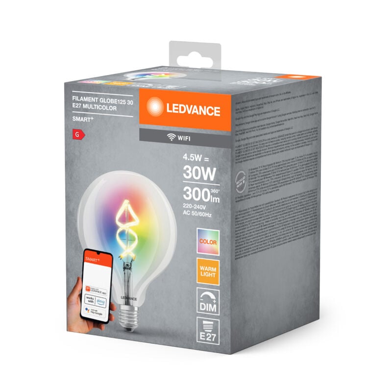 Ledvance Smart LED lampada con tecnologia WiFi, E27, colori RGB  modificabili, forma globo, filamento colorato come luce dell'umore,  sostituzione per lampadine convenzionali da 60W, controllabile con A