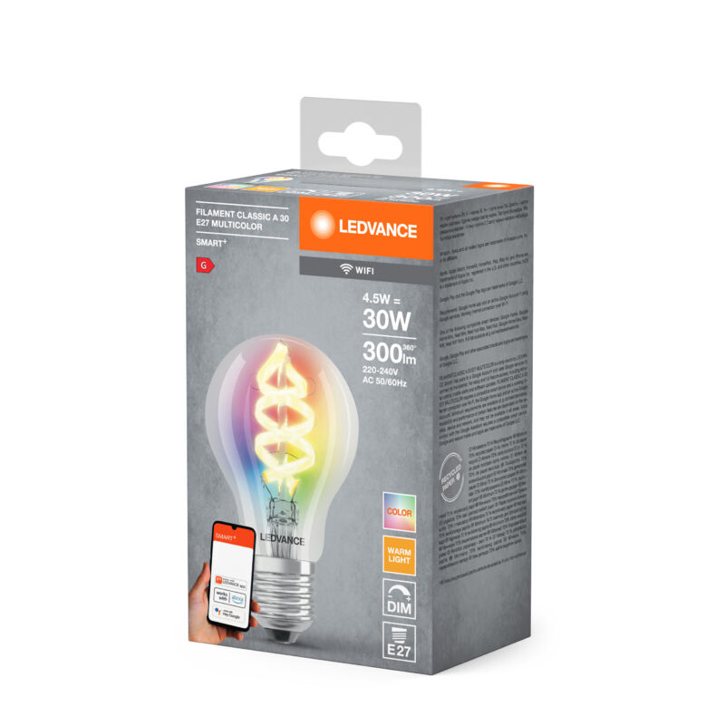 Lampada LEDVANCE Smart LED con tecnologia wireless, base E27, dimmerabile,  colori RGB e cambio di colore della luce, forma classica A, trasparente,  controllabile con Alexa, Google e App, 1 confezione