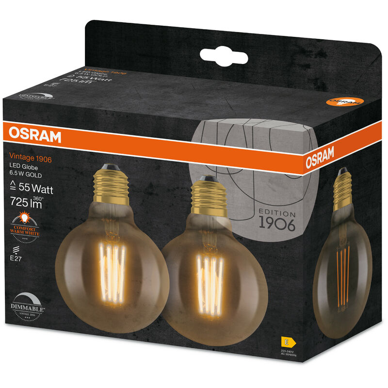 OSRAM 1906 Edizione d'epoca, E27-base vetro dorato ,Bianco caldo (2400K),  725 Lumen, sostituzione delle lampade 55W, dimmerabile, 2-Confezione