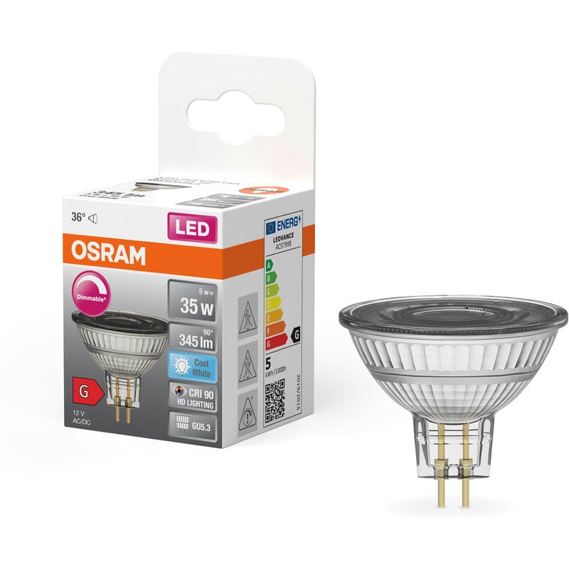 OSRAM Lampada a riflettore Superstar, GU5.3-base vetro trasparente ,Bianco  freddo (4000K), 345 Lumen, sostituzione delle lampade 35W, dimmerabile,  1-Confezione